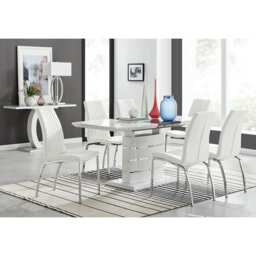 Renne Modern High Gloss Extendable Dining Table Set With 6 Soft Touch Faux Leather Dining Chairs