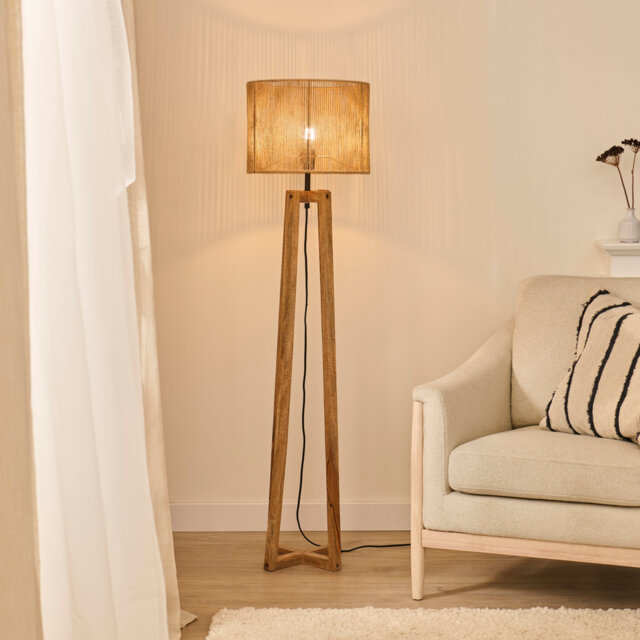 150cm Floor Lamp Base - Natural Mango Wood with Konduru 40cm String Shade - Natural