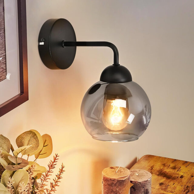 Retro Indoor Wall Light, Glass Wall Light: Black wall light, suitable for living rooms, smoked glass, E27 industrial style hallway light, retro spheri
