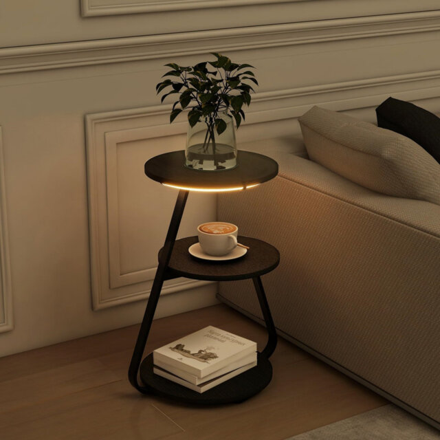 Side Table Set Of 2, Bedside Small Coffee Table With 3 Color LED Lights, End Table With 3 Tier Storage Shelves For Living Room Bedroom
