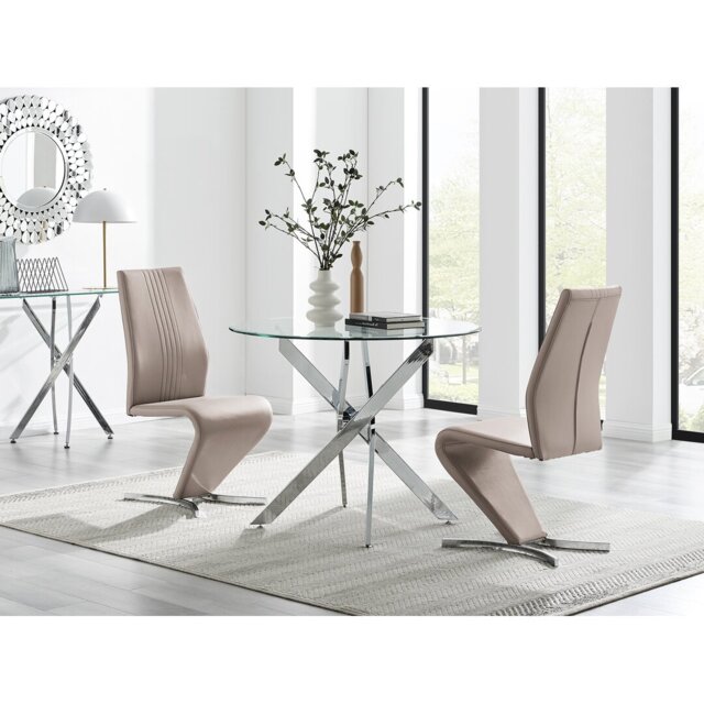 Tierra Modern Chrome Metal & Glass Round Dining Table Set with 2 Modern Design Faux Leather Chairs