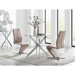 Tierra Modern Chrome Metal & Glass Round Dining Table Set with 2 Modern Design Faux Leather Chairs