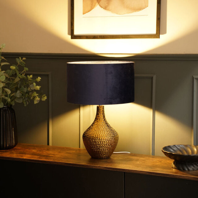 Deshi Metallic Gold Ceramic Table Lamp with Blush Velvet Reni Shade and 6W GLS Warm White Bulb