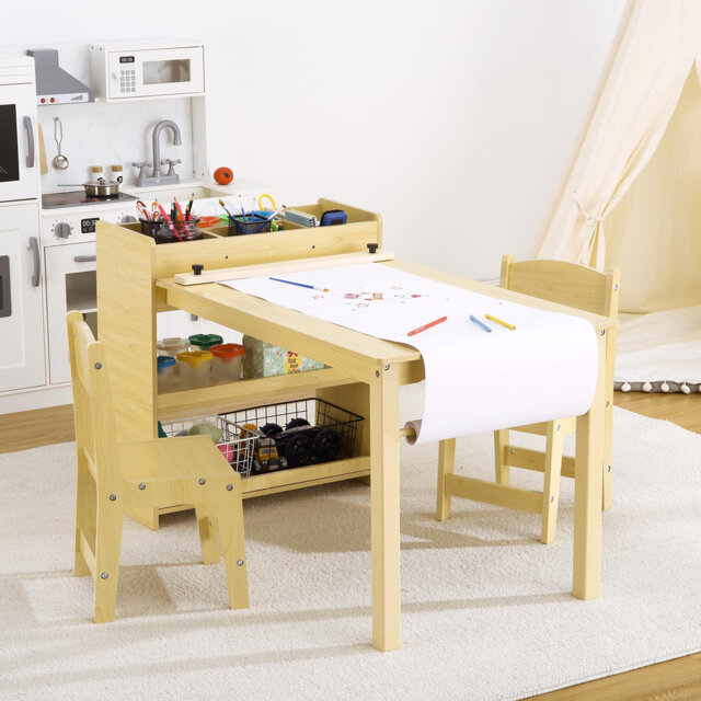 49 in Kids Art Table, Large Kids Craft Table with 2 Chairs, Multi-Functional Art Desk with Storage Shelves for Children Room, Kindergarten, Playroom,S