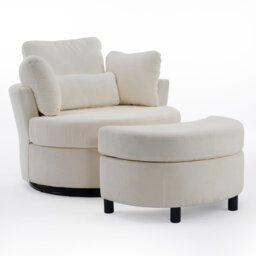 Oversised Upholstered Swivel Accent Chair With Footstool, Ivory Teddy