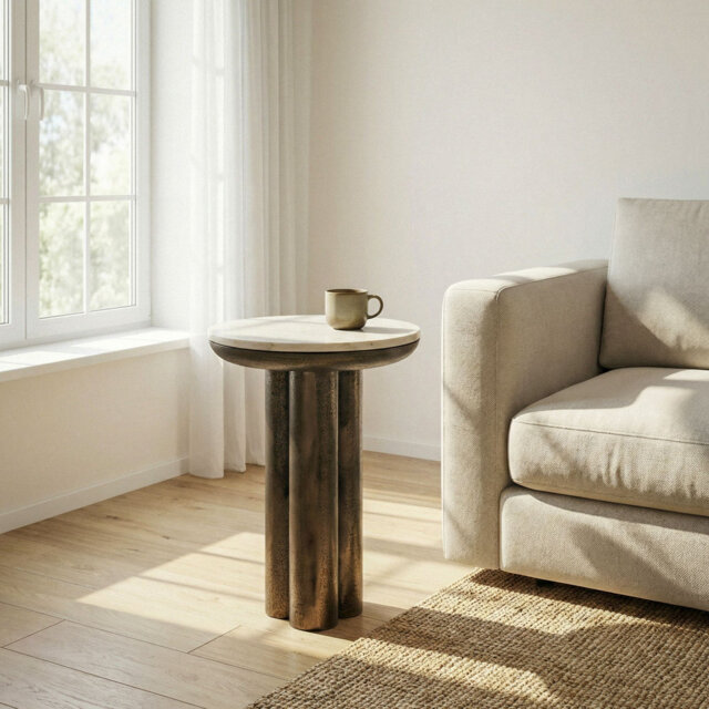 Black Aluminium Round Side Table with White Marble Top