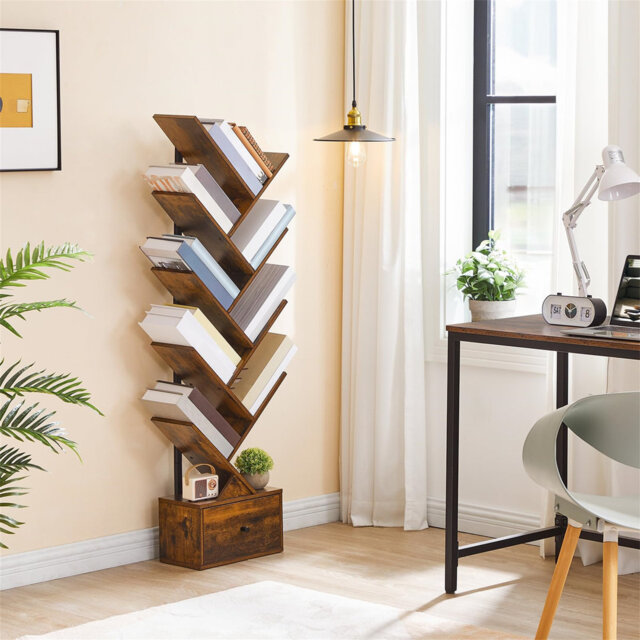 Tree Bookshelf With Drawer,Floor Standing Bookcase, Vertical Book Shelf, Book Storage Rack, For Living Room, Bedroom, Home Office