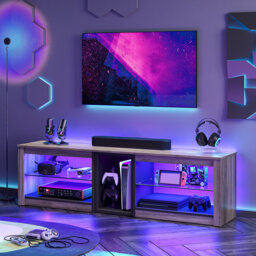 TV Stand for TVs up to 70 inch, Gaming Entertainment Center for PS5, LED TV Cabinet with Glass Shelves