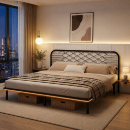 Aether Floating Metal Bed Frame with Charging & LED Lighting & Shelves, No Box Spring Needed