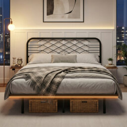 Aether Floating Metal Bed Frame with Charging & LED Lighting & Shelves, No Box Spring Needed
