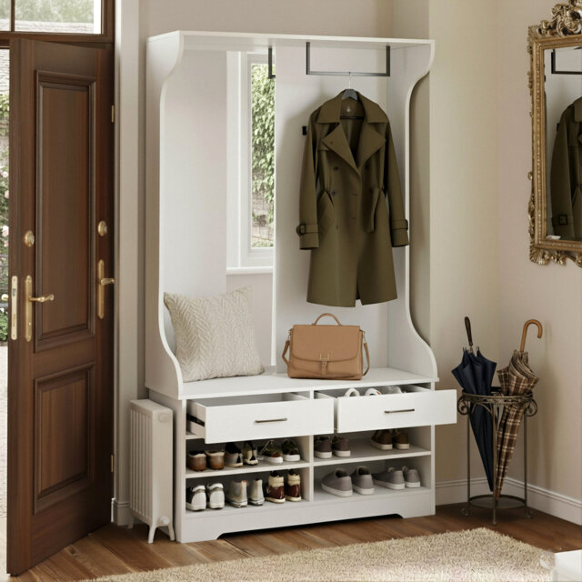 104cm Hall Tree With Storage Bench And Mirror, Entryway Coat Rack With 4 Hooks, Drawers & Shoe Storage, White