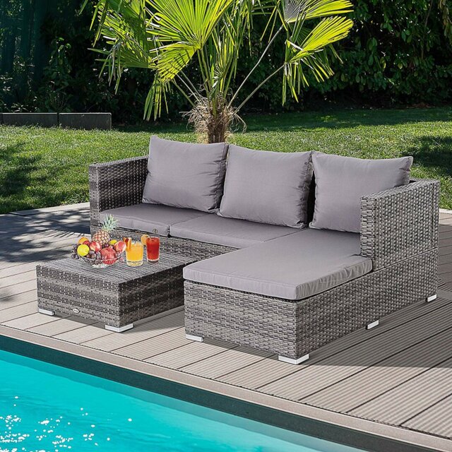 Aalijah 3 Pieces Rattan Garden Furniture Sofa Set 4 Seater Corner Grey