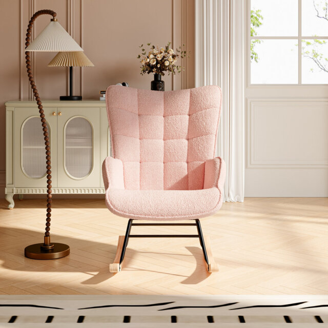 Teddy Fabric Rocking Chair, Modern Glider Chair With Wood Legs And Backrest, Comfortable Upholstered Recliner Armchair For Living Room, Bedroom, Pink