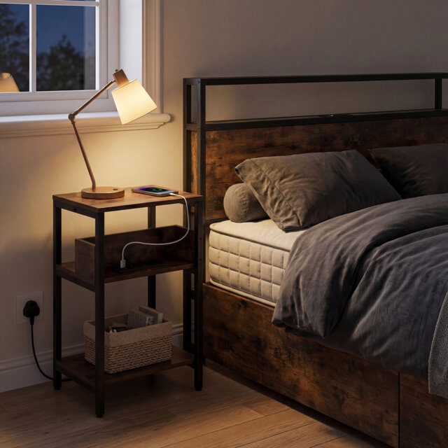 Industrial Bedside Table With Charging Station, 3-Tier End Table With USB Ports & Outlets