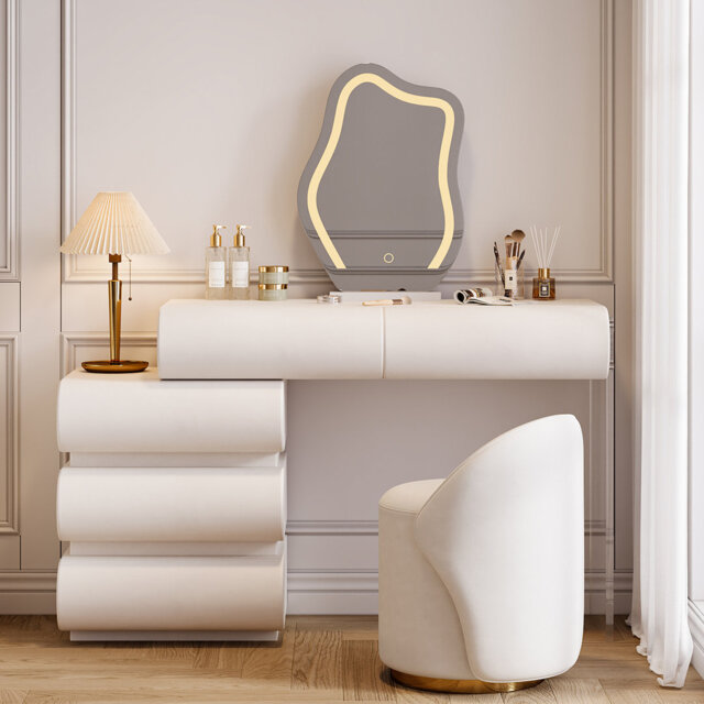 Humply White Leather Make-up Vanity Set with Mirror