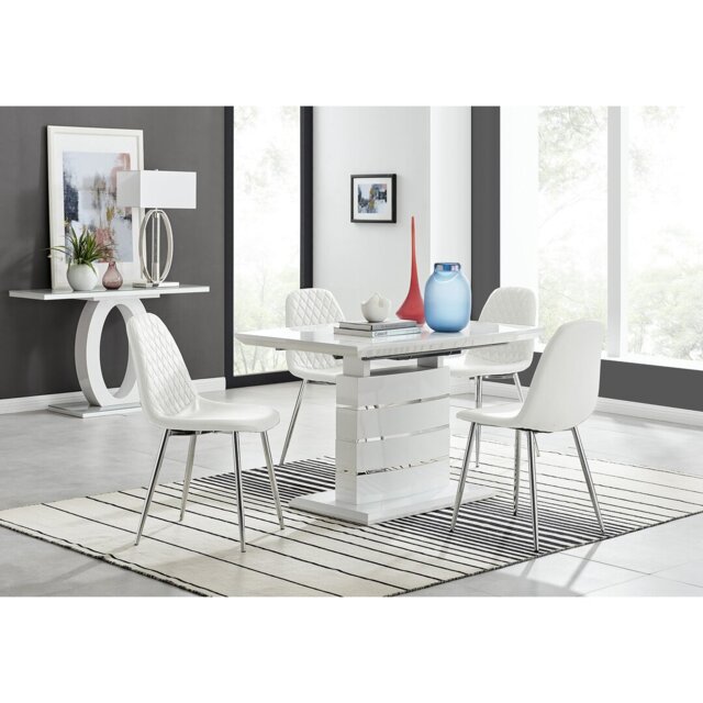 Renne Modern High Gloss Extendable Dining Table Set With 4 Luxury Faux Leather Dining Chairs