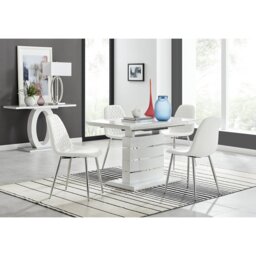 Renne Modern High Gloss Extendable Dining Table Set With 4 Luxury Faux Leather Dining Chairs