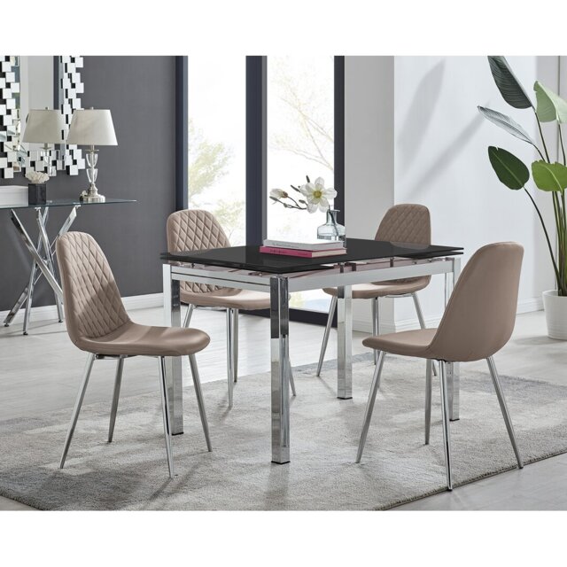 Tierra Modern Glass & Metal Extendable Dining Table Set & 4 Luxury Faux Leather Dining Chairs