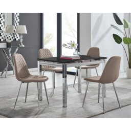 Tierra Modern Glass & Metal Extendable Dining Table Set & 4 Luxury Faux Leather Dining Chairs
