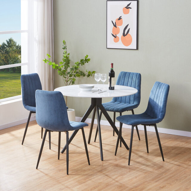 Aspen Sintered Stone Round Table with 4 Straight Stitch Upholstered Fabric Chairs - Modern Dining Set