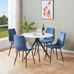 Aspen Sintered Stone Round Table with 4 Straight Stitch Upholstered Fabric Chairs - Modern Dining Set
