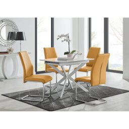 Eubanks Modern High Gloss Extendable Dining Table Set with x4 Luxury Faux Leather Dining Chairs