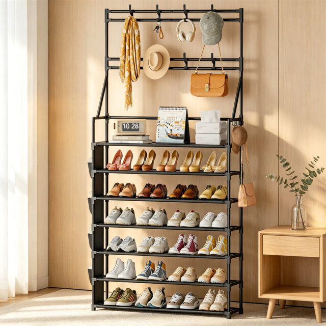 Shoe Rack 7 Tier, Holds 28-35 Pairs, Free Standing Shoe Organizer With Hooks & Side Pocket, Space-Saving Shoe Storage For Closet & Entryway