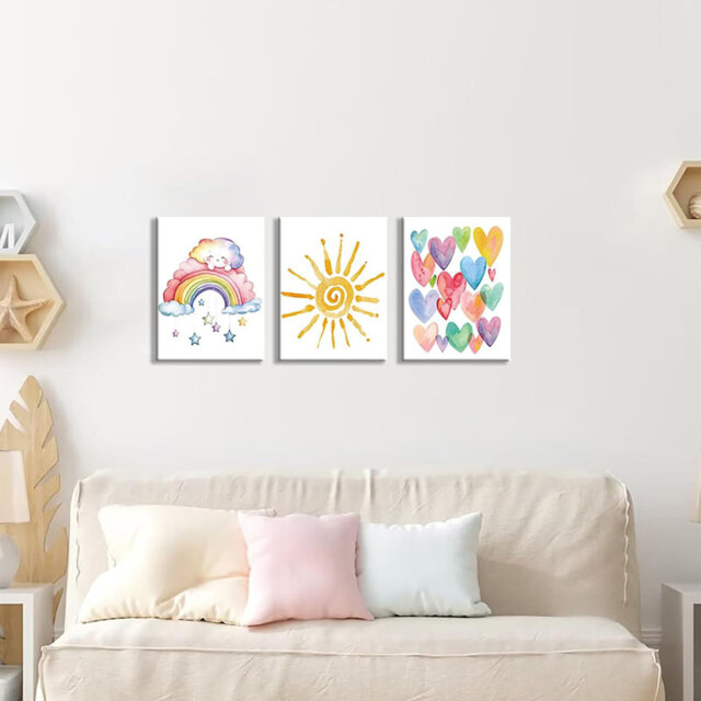 Rainbow Canvas Wall Art Set Of 3, Watercolor Sun Cloud Heart Wall Art Decor, Cute Children Sunshine Painting For Classroom Kids Room Baby Room Bedroom