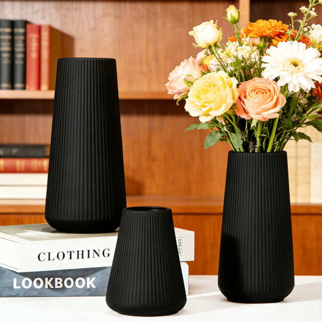 Black Ceramic Vases, Set of 3, Small Decorative Flower Vases for Pampas Grass & Home Decor