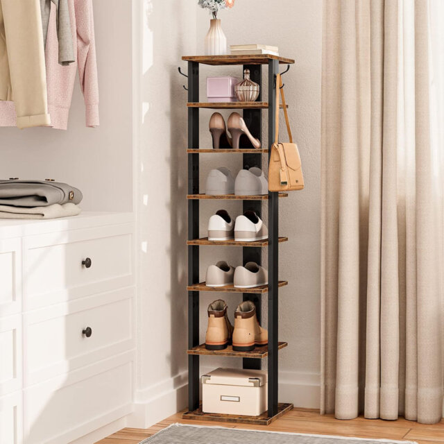 Shoe Rack Wooden, Narrow Shoe Storage Organizer With 2 Hooks, Slim Shoe Shelf