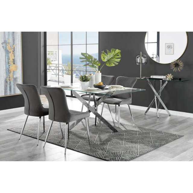 Tierra Glass And Chrome Dining Table with 4 Luxury Velvet Dining Chairs