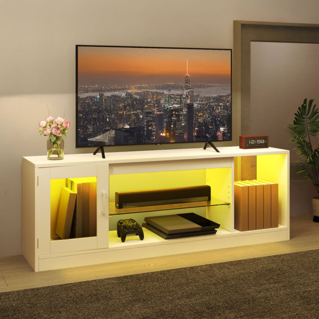 LED TV Unit for TVs up to 65 Inch, TV Cabinet , Gaming Entertainment Center with Adjustable Glass Shelf
