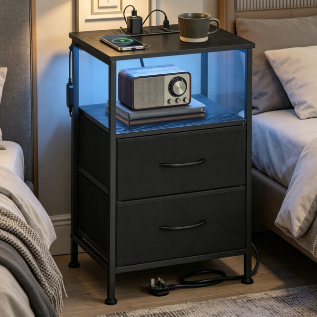 APP Controlled LED Bedside Table with Charging Station, Adjustable Light Nightstand 2 Drawers Open Shelf Ink Black Ebony Black Side End Table for Bedr