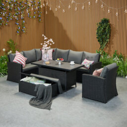 Rosen 9 Seater Aluminium Dining Table Top With Storage Bench And Armchair And Furniture Cover