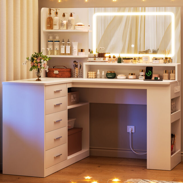 L-Makeup Vanity Desk with LED Light Mirror & Power Outlet, Corner Dressing Table with 5 Drawers