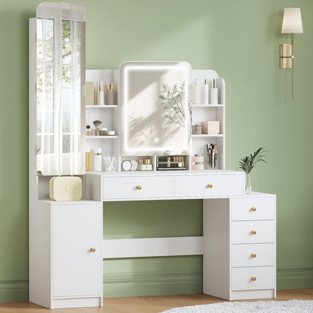 Dressing Table with LED Lighting, Adjustable Brightness, Vanity Desk with Full Length Mirror, Vanity Table with 8 Open Spaces, 6 Drawers, 1 Storage Ca