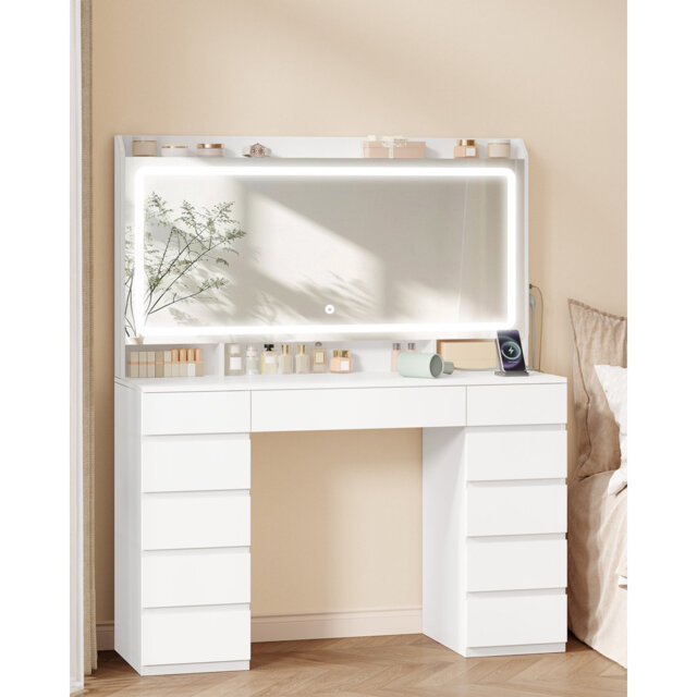 Dressing Table, Vanity Desk with Power Strip, Vanity Table with Mirror and Lights, Adjustable Brightness, Makeup Desk with 11 Drawers, 3 Storage Compa