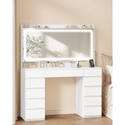 Dressing Table, Vanity Desk with Power Strip, Vanity Table with Mirror and Lights, Adjustable Brightness, Makeup Desk with 11 Drawers, 3 Storage Compa