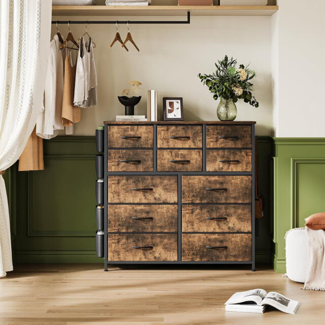 Modern Dresser for Bedroom with 12 Drawer Chests of Drawers for Hallway Entryway Storage Organizer Unit with Fabric Sturdy Metal Frame Wood Tabletop E