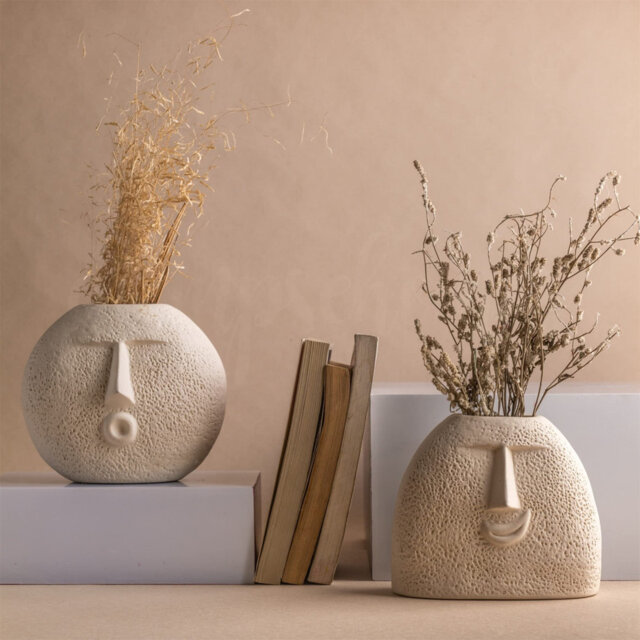 Ceramic Flower Vase - Set Of 2 - Upbeat Face Vase 5.5 Inches & Blowing
