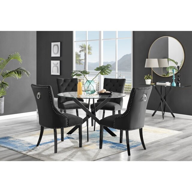 Tierra Modern Chrome Metal & Glass Round Dining Table Set with 4 Luxury Button Velvet Chairs