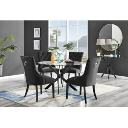 Tierra Modern Chrome Metal & Glass Round Dining Table Set with 4 Luxury Button Velvet Chairs