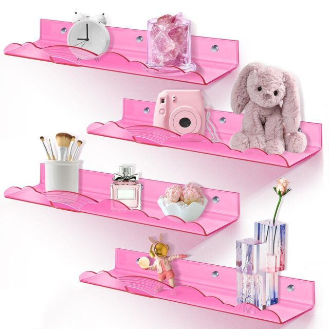 Rainbow Acrylic Floating Shelves, 15in Wall-Mounted Nursery Bookshelves for Books, Toys, and Decor (4-Pack)