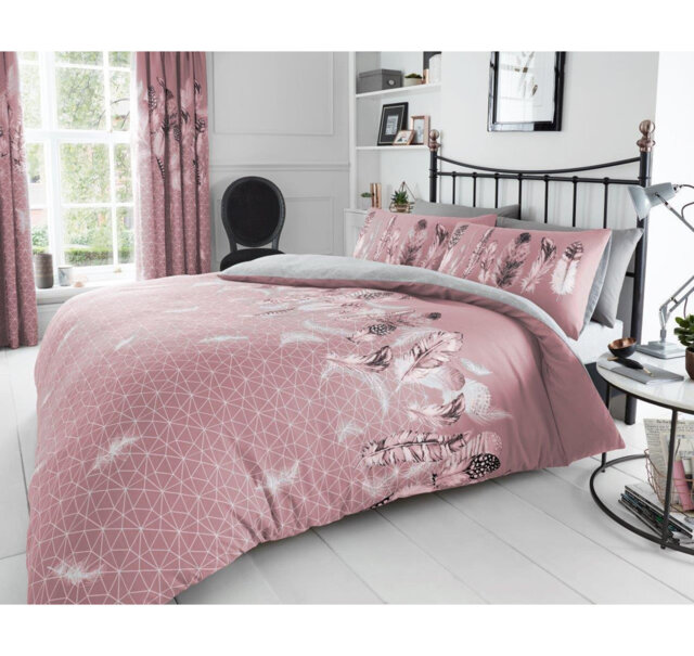 Modern Feather Design Duvet Cover Set with Matching Pillowcases - Polycotton Fabric Bedding