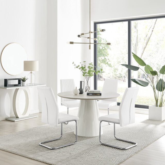 Edzard Statement Round Dining Table Set in Luxury Beige Stone Effect & 4 Faux Leather Dining Chairs