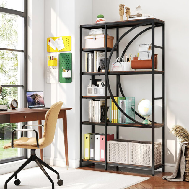 Bookshelf, Industrial Etagere Bookcase With Arc-Shaped Design And Open Shelves, Freestanding Metal Frame Tall Display Shelf Storage Organizer