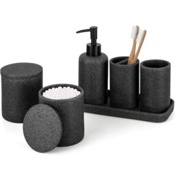 6-Piece Black Bathroom Accessory Set: Organiser, Toothbrush Holder, Soap Dispenser, Vanity Tray, 2 cotton swab Holders