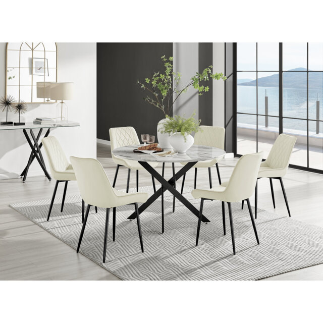 Tierra Modern Chrome Metal & Glass Round Dining Table Set with 6 Luxury Faux Leather Chairs