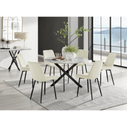Tierra Modern Chrome Metal & Glass Round Dining Table Set with 6 Luxury Faux Leather Chairs