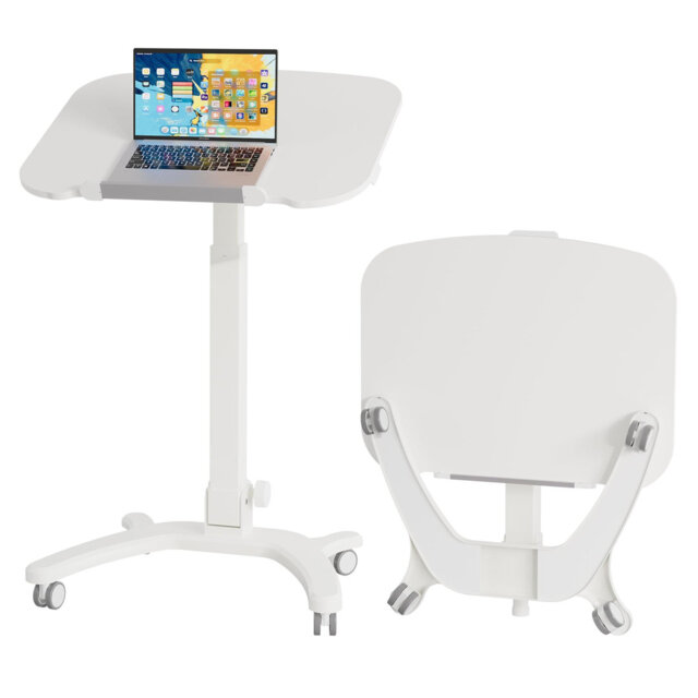 Foldable Ergonomic Computer Workstation With Rolling Castors, Height Adjustable Standing Desk, Portable Desk For Home Office, Bedroom, Medical Use